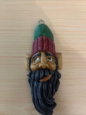 Hand-Painted Wooden Elf Ornament in Green and Red 063